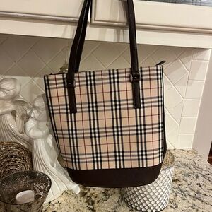 Burberry Checkered Tote with Dark Brown Trim